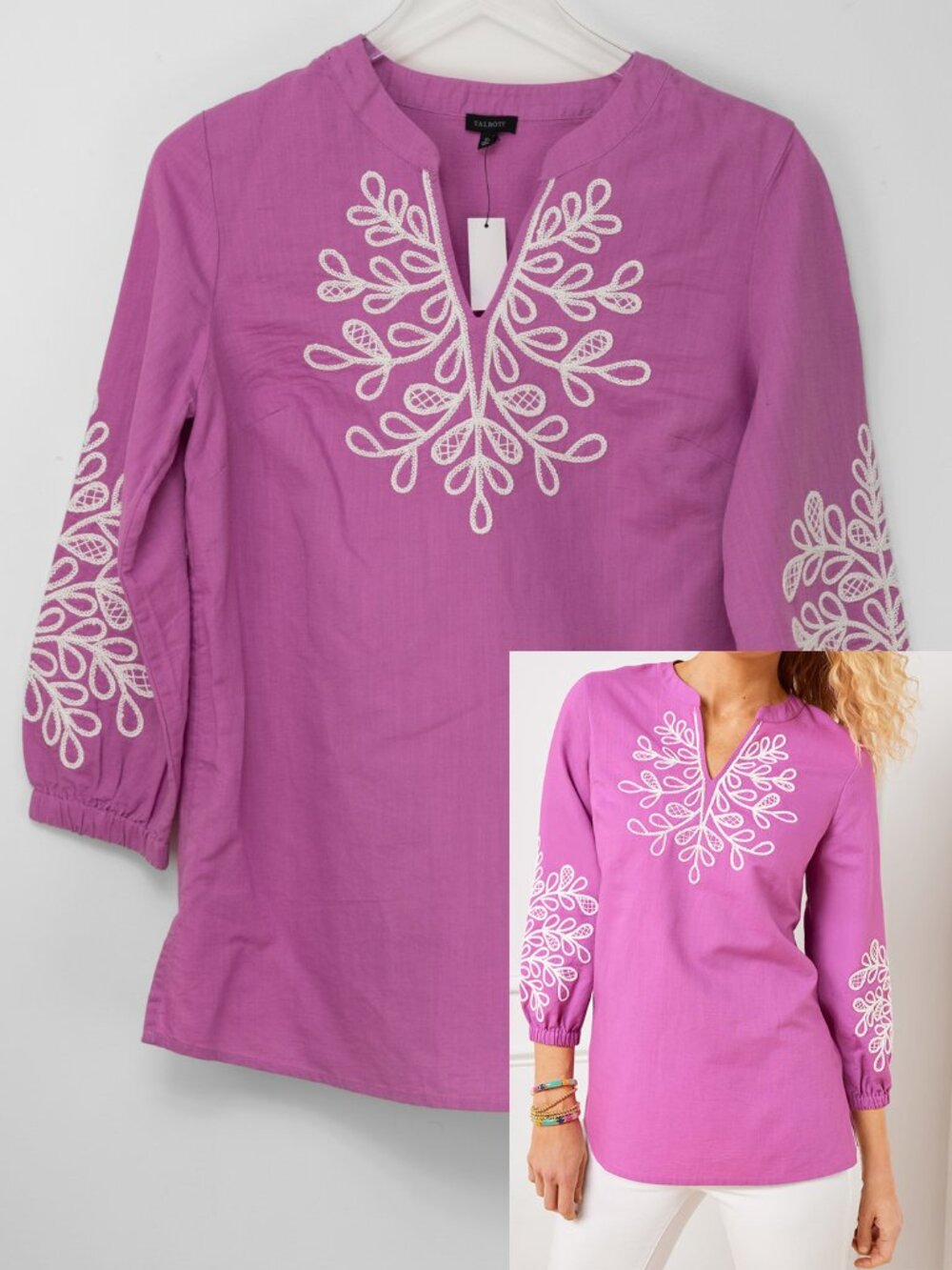Talbots Embroidered Linen Cotton Tunic Quarter Sleeve Blouse Pink Size XS New